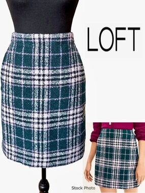 LOFT Tweed Plaid Wool Blend Lined Mini Skirt in Jade (0)